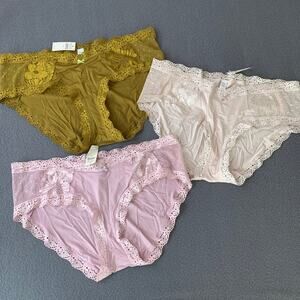 Lot of 3 NWT Aerie Boybrief Culotte Lace Trim Panties Ivory Light Purple Mustard